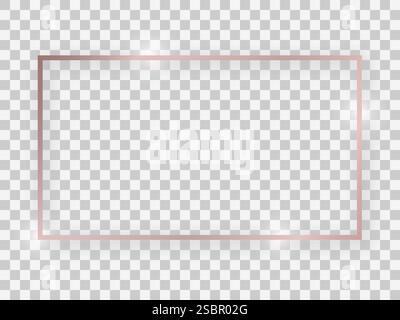 Rose gold shiny 16x9 rectangular frame with glowing effects and shadows on transparent background. Vector illustration Stock Vector