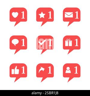 Set of nine notifications in social media. Heart, star, follower, message, check, gift, comment, like, repost. Vector illustration. Stock Vector