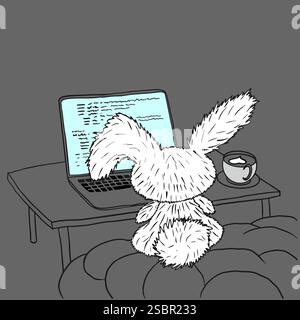 A velveteen Rabbit works on a laptop while its owner sleeps. There is a cup of coffee on the table. View from the back. Vector cartoon illustration. Stock Vector