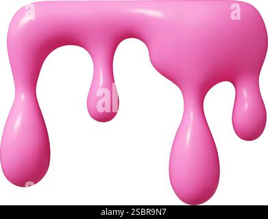 Flowing pink liquid 3d vector shape with dripping abstract blobs and smooth glossy surface. Stock Vector