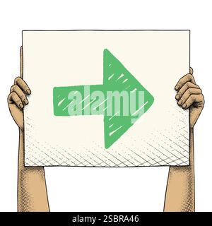Hand raising a sign that says Rightward Direction COLORED Stock Vector