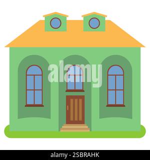 Private house with a yellow roof and green walls on a white background. Vector illustration. Stock Vector