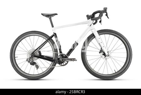 High-quality studio shot of a black and white gravel bike, isolated on a white background. Sharp details, modern design, and premium components. Stock Photo