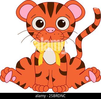 Illustration of cute tiger with yellow bow vector composition. Graphic line chinese lunar new year, CNY lantern festival 2034 mascot Stock Vector