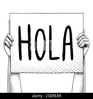 Hand raising a sign that says Hola Stock Vector