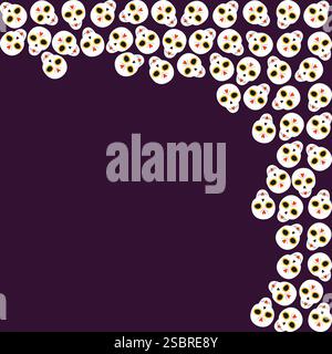 Painted skulls Corner frame border on dark purple background. Day of the dead Copy space Template. Isolated Vector illustration Thematic Cards, posters or web promo banner, leaflets, price tags, label Stock Vector