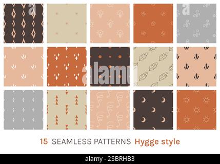 15 seamless patterns set in Hygge style. Stock Vector