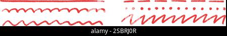 Red crayon underline collection - straight lines, waves, dots, rough strokes in marker texture. Stock Vector