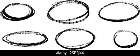 Crayon highlight oval frames set with textured black brush strokes on white background. Stock Vector