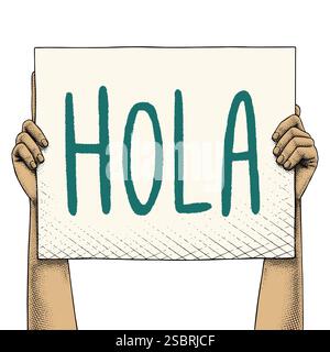 Hand raising a sign that says Hola Colored Stock Vector