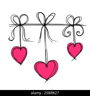 Three hearts on a string on a pink background. Love designs for greeting cards, banners. Line design. Stock Vector