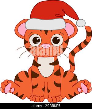Tiger cute baby wearing santa claus hat vector composition. Graphic line illustration isolated on white background. chinese lunar new year, CNY lanter Stock Vector