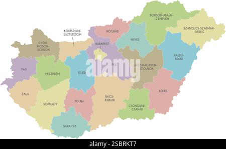 Vector regional map of Hungary with counties or territories and administrative divisions. Editable and clearly labeled layers. Stock Vector