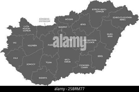 Vector regional map of Hungary with counties or territories and administrative divisions. Editable and clearly labeled layers. Stock Vector