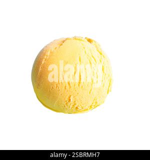 Yellow mango ice cream scoop isolated on white background. Ball of orange citrus icecream, desing element. Summer food. Stock Photo