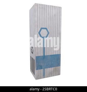 A tall container features a striped pattern and a blue geometric symbol, placed on a white background. Stock Photo