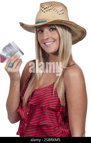 Beautiful woman holding a hand full of credit cards Stock Photo