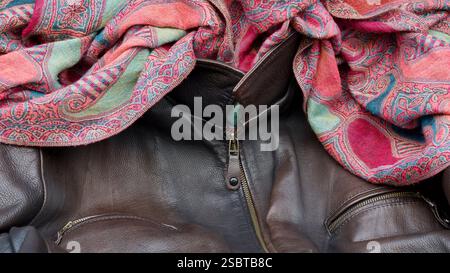 Detail of a worn leatherjacket. Stock Photo