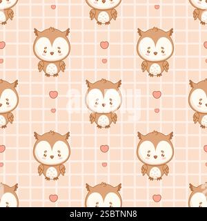 Seamless pattern. Cute Adorable owl on beige checkered background with hearts. Funny cartoon kawaii character backdrop. Vector illustration. Kids Stock Vector