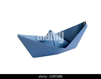 Blue paper boat on transparent backgroundon a white isolated background Stock Photo