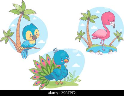 Tropical cute birds set. Funny peacock, pink flamingo stands in water and Ara parrot with palm trees. Isolated funny cartoon kawaii characters. Vector Stock Vector