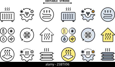 HVAC icons set. Editable stroke. Commercial services. Heating and cooling system. Air conditioning. Isolated vector illustrations. Simple flat icons f Stock Vector