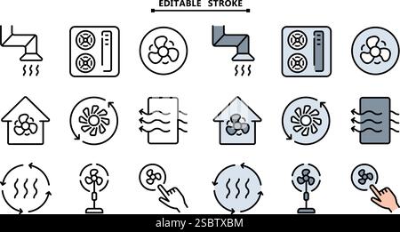 Home ventilation system vector icons set. Editable stroke. Ventilation color icons collection. Includes air conditioner, air dryer, air duct, cooling Stock Vector