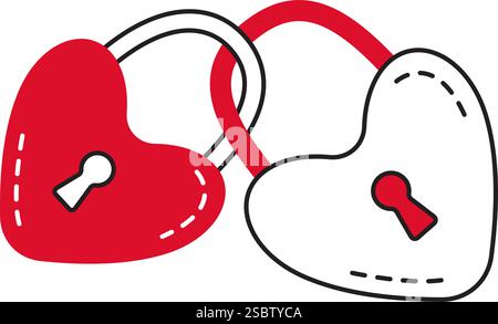 Heart shaped padlocks doodle style Hand drawn trendy flat style love isolated icon Romantic symbol of love for web graphic design poster tattoo Valentines Day card line art Vector illustration Stock Vector