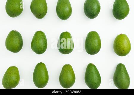 Pattern of fresh green avocados arranged in rows on a white background, perfect for food or healthy lifestyle themes Stock Photo
