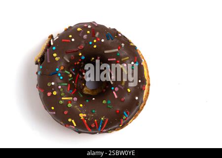 Chocolate donut isolated on white background. Top view Stock Photo