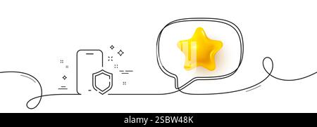 Phone protect line icon. Smartphone shield sign. Continuous line with 3d star. Vector Stock Vector