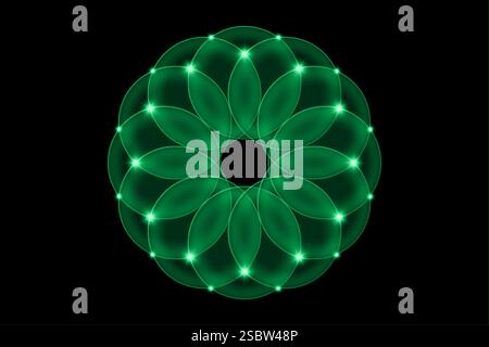 Mandala flower, sacred geometry green Lotus, Indian circular ornament, glowing floral logo. Flower blossom symbols of yoga, spa, beauty salon Stock Vector