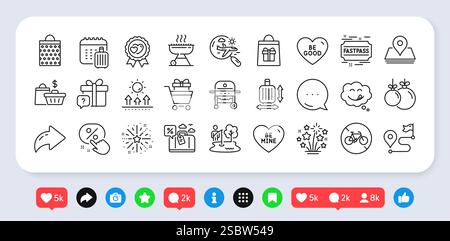 Fireworks explosion, Gas grill and Holidays shopping line icons pack. For web app. Social media icons. Vector Stock Vector