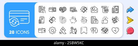 Money line icons. Set of Update credit card, Contactless pay and Piggy bank. App line icons. Vector Stock Vector