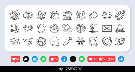 Fisherman, Salad and Water splash line icons pack. For web app. Social media icons. Vector Stock Vector