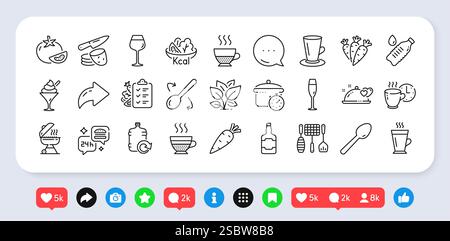 Whiskey bottle, Cafe creme and Carrot line icons pack. For web app. Social media icons. Vector Stock Vector