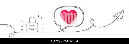 Lock line icon. Protected padlock with smile sign. Continuous line with plane. Vector Stock Vector