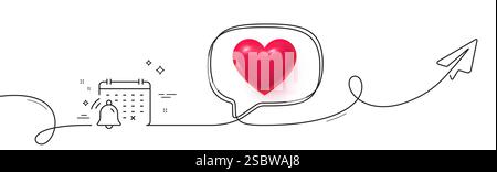 Notification calendar line icon. Bell alarm reminder sign. Continuous line with plane. Vector Stock Vector