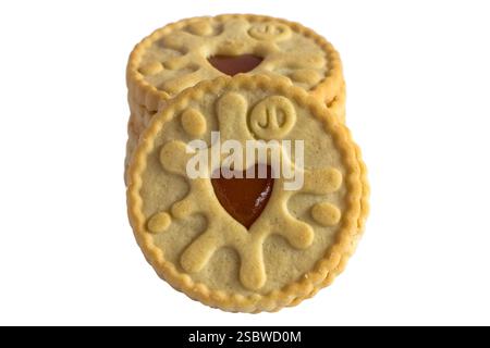 Strawberry flavour Jammie Dodgers biscuits isolated on white background - shortcake biscuits with a strawberry flavour apple jam Stock Photo