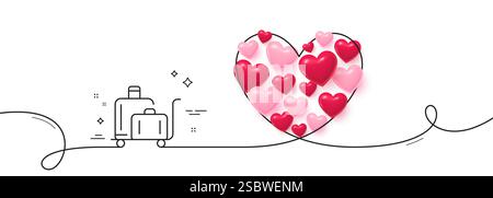 Luggage trolley line icon. Suitcase bag sign. Continuous line big heart. Vector Stock Vector