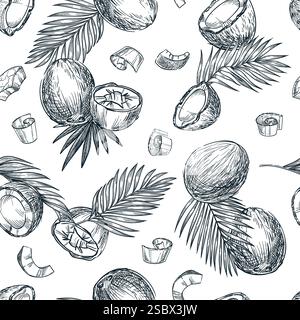 Coconut seamless pattern. Hand drawn sketch vector illustration of broken coco nuts and palm leaves. Food vegetarian organic products. Fabric design, Stock Vector
