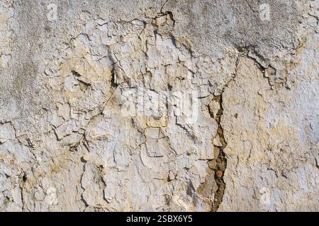 Weathered wall with peeling white paint revealing rough brown surface. Stock Photo