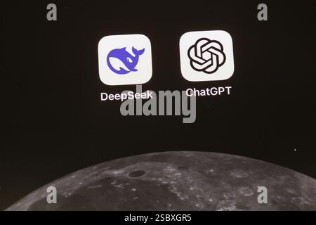 Application App from the Chinese start-up DeepSeek and the US software company OpenAI ChatGPT on the display of an iPhone. ChatCPT. Germany Stock Photo