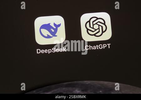 Application App from the Chinese start-up DeepSeek and the US software company OpenAI ChatGPT on the display of an iPhone. ChatCPT. Germany Stock Photo