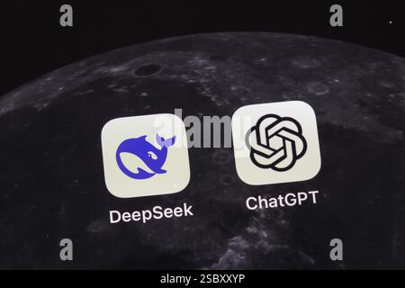 Application App from the Chinese start-up DeepSeek and the US software company OpenAI ChatGPT on the display of an iPhone. ChatCPT. Germany Stock Photo