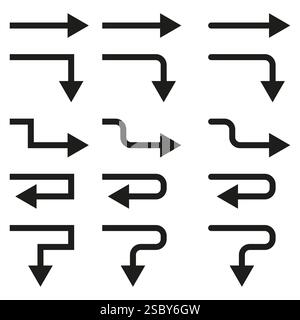 Angular arrow icons. Vector direction shapes. Black pointer turns. Simple path symbols. Stock Vector