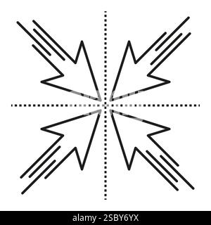 Converging pointer arrows. Center target shape. Vector cross focus. Minimal aiming symbol. Stock Vector