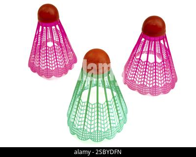 Photo of the multicolored shuttlecocks against the white background Stock Photo