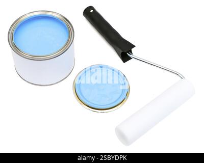 White parlon roller, blue color open can against the white background Stock Photo