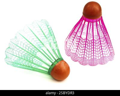 Two multicolored shuttlecocks against the white background Stock Photo